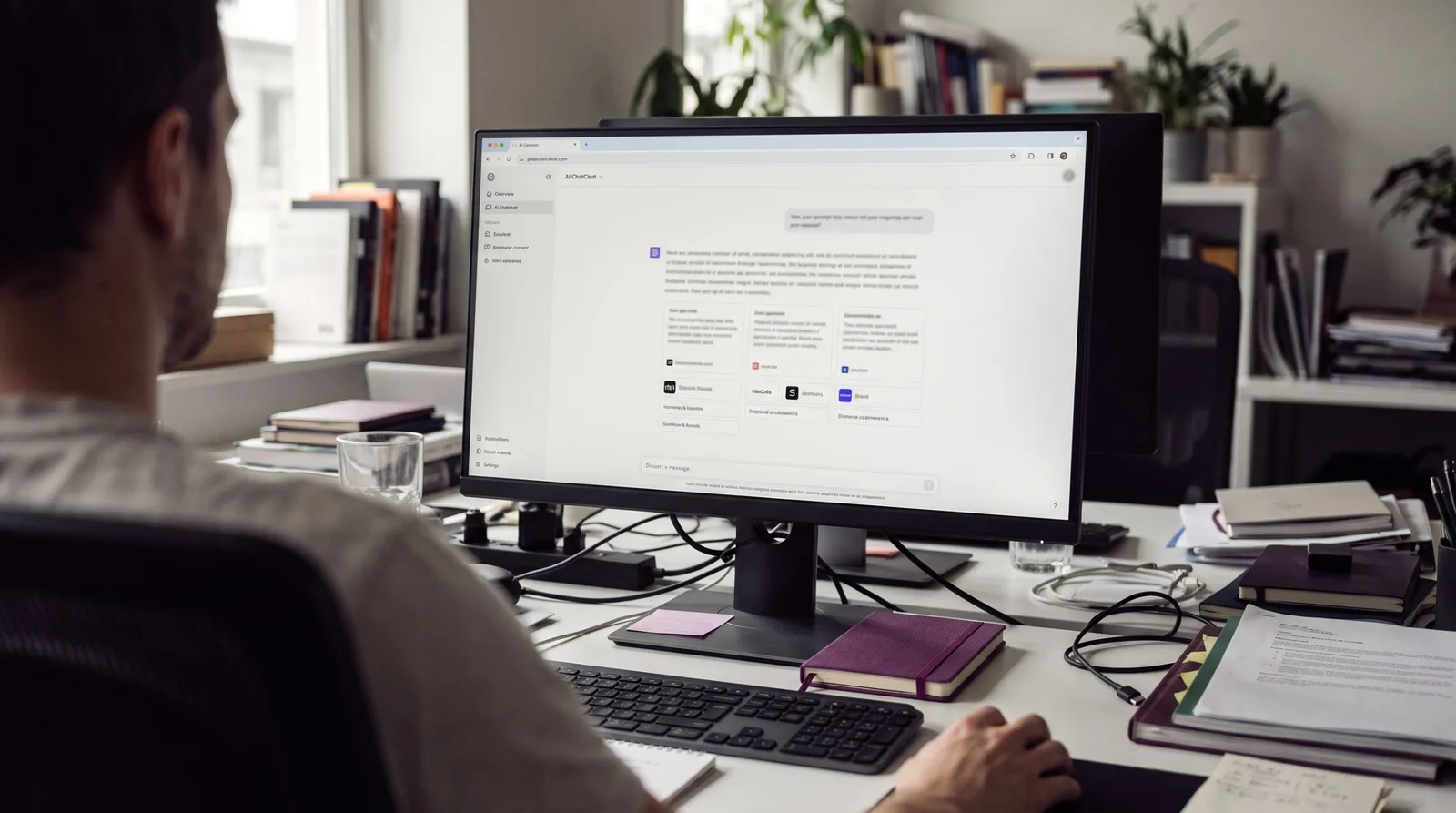 Pessoa em frente a um monitor que mostra uma conversa com um assistente de IA e as fontes citadas na resposta