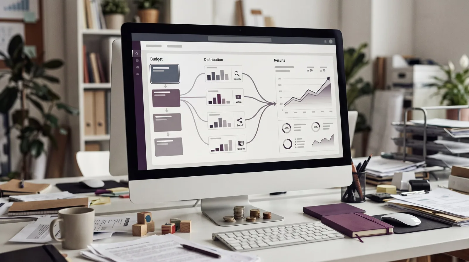 Painel em um monitor mostrando como a verba de anúncios é dividida entre busca, vídeo, redes sociais e display