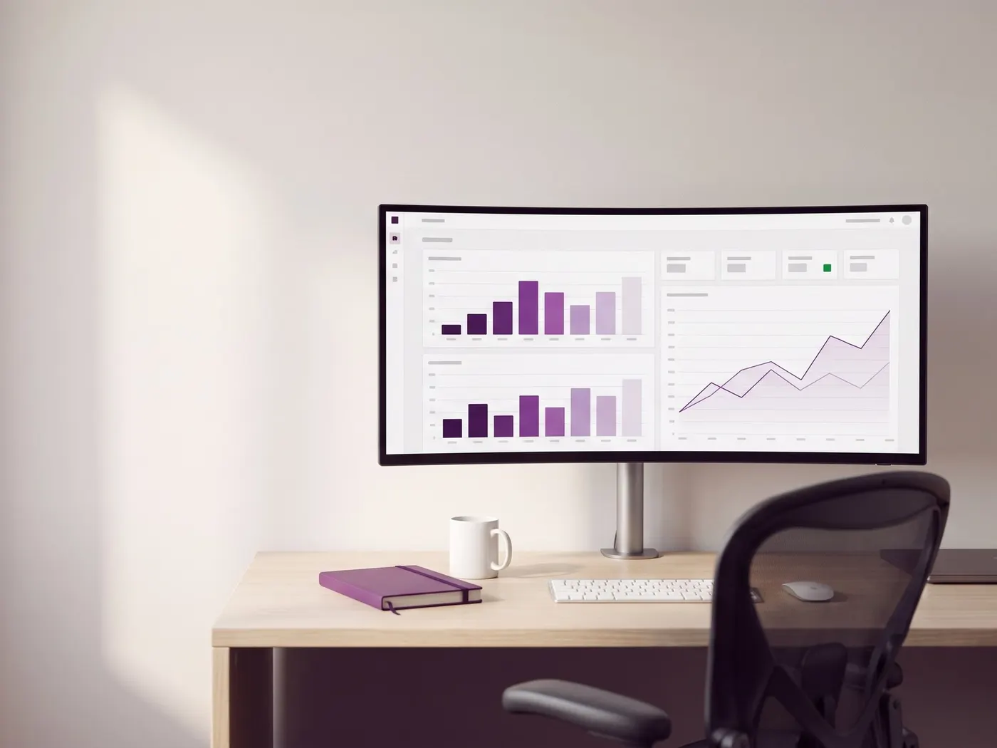 Mesa de trabalho com um monitor curvo mostrando gráficos de barras e de linha em tons de roxo